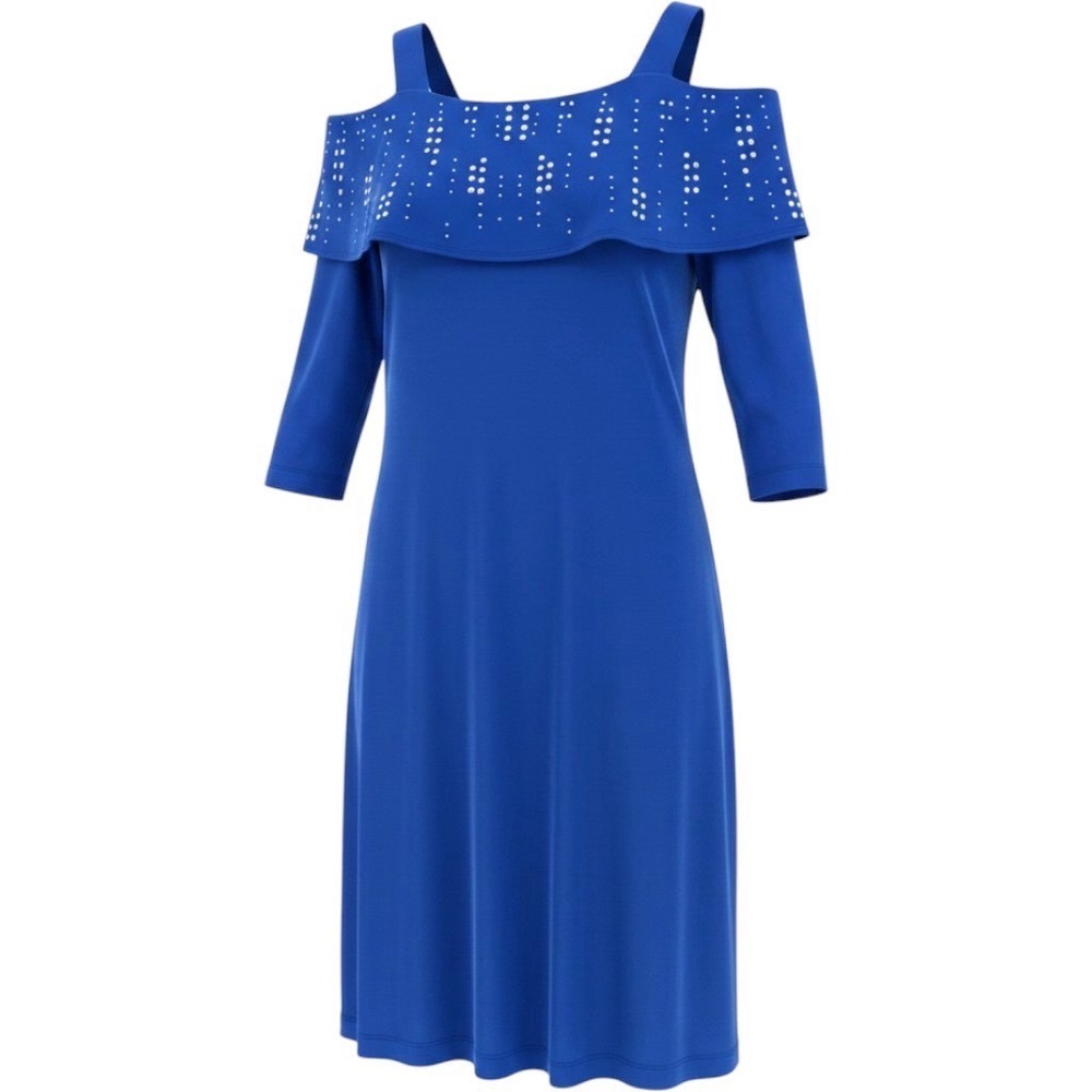Y2K Slinky Brand Womens Cold Shoulder Studded Ruffle Blue Knit Dress Medium VTG